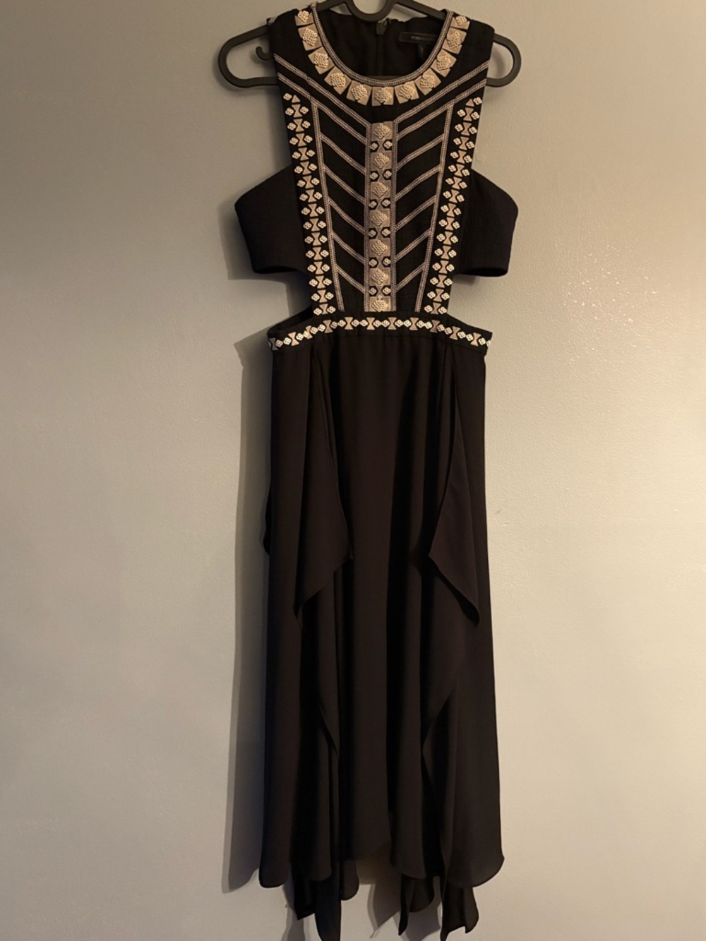BCBGMaxAzria Black Asymmetrical Cut Out Dress with Gold Embellished Bodice